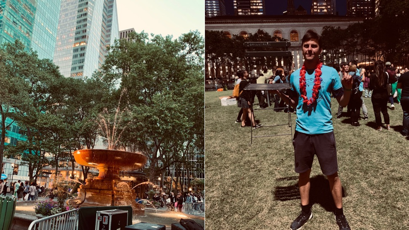 Left: A good fountain. Right: Richard Schmitz after his victory, wearing an event t-shirt over his jersey.